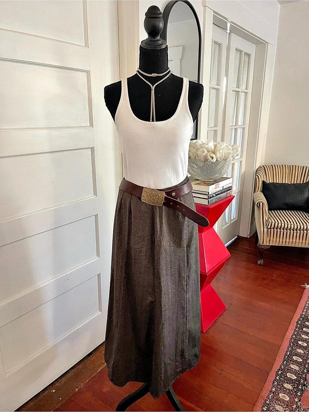 Vintage Harvé Benard Brown Herringbone Maxi Skirt Size 12